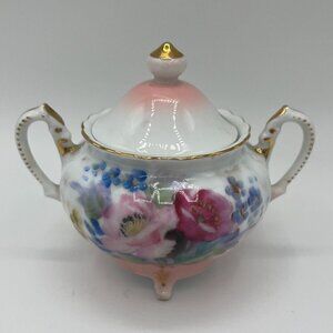 Small Floral Sugar Bowl with Lid and Gold Trim - 2 Handles